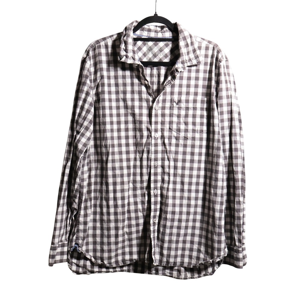 American Eagle Mens Gray Gingham Plaid Button Up Top Long Sleeve Athletic Fit XL